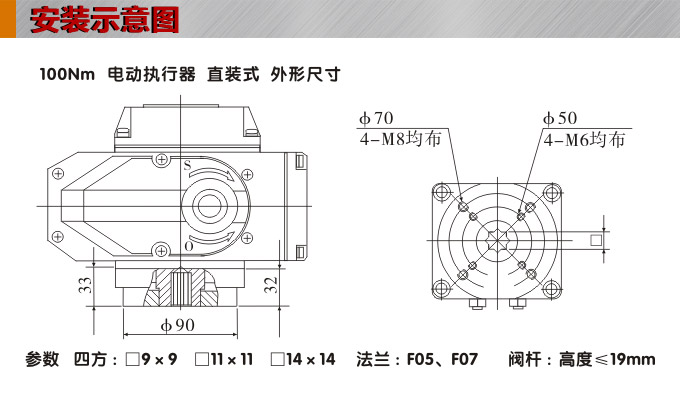 電動執(zhí)行器,電動頭,YTDG-RS100電動執(zhí)行機(jī)構(gòu)安裝示意圖